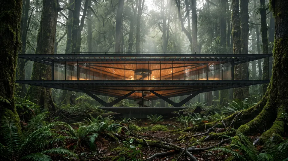 Render del proyecto de casa entre bosque nativo en Valdivia